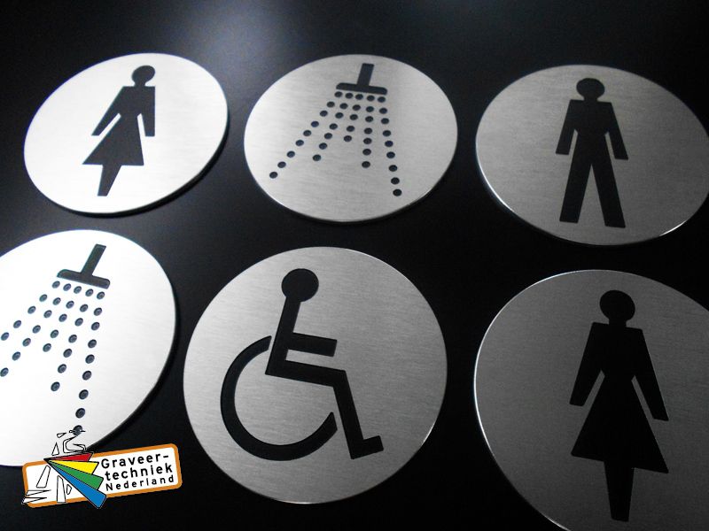 Aluminium met RVS look, picto douche, man, vrouw, invaliden, mindervaliden of uw eigen pictogram. 